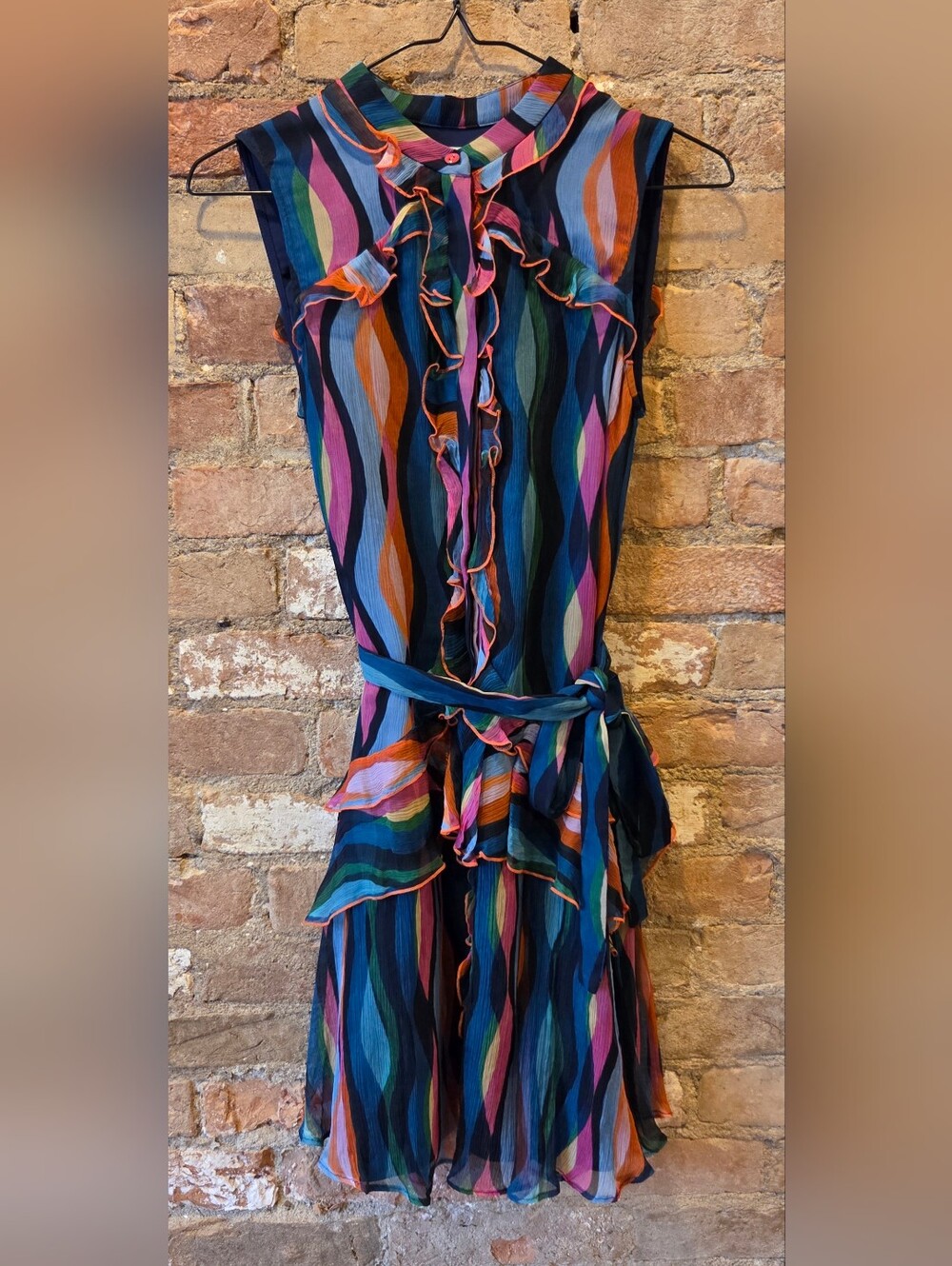 SALONI Silk Ruffle Feminine Navy Multicolor Striped Ruffle Midi Dress